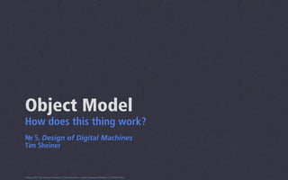 Object Model
How does this thing work?
№ 5, Design of Digital Machines
Tim Sheiner



0.5beta 2013 This work by Tim Sheiner is licensed under a Creative Commons Attribution 3.0 United States.
 