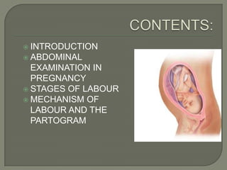 INTRODUCTION
 ABDOMINAL
  EXAMINATION IN
  PREGNANCY
 STAGES OF LABOUR
 MECHANISM OF
  LABOUR AND THE
  PARTOGRAM
 