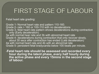 Fetal heart rate grading:
Grade 1- Normal heart rate and pattern 110-160.
Grade 2- rate > 160 or 100-110 with no decelerations
Grade 3- fetal heart rate pattern shows decelerations during contraction
  only (Early deceleration).
3a with normal hear rate and 3b with abnormal heart rate
Grade 4- decelerations during contraction that only recover slowly,
  about 30 secs after contraction has ended (Late deceleration)
4a with normal heart rate and 4b with an abnormal rate
Grade 5- persistent fetal bradycardia below 100 beats per minute.

-Fetal heart rate should be assessed and recorded every
  hour during the latent phase, every half hourly during
  the active phase and every 15mins in the second stage
  of labour.
 