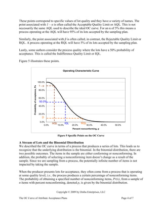 These points correspond to specific values of lot quality and they have a variety of names. The
point associated with 1 – α is often called the Acceptable Quality Limit or AQL. This is not
necessarily the same AQL used to describe the ideal OC curve. For an α of 5% this means a
process operating at the AQL will have 95% of its lots accepted by the sampling plan.

Similarly, the point associated with β is often called, in contrast, the Rejectable Quality Limit or
RQL. A process operating at the RQL will have 5% of its lots accepted by the sampling plan.

Lastly, some authors consider the process quality where the lots have a 50% probability of
acceptance. This is called the Indifference Quality Limit or IQL.

Figure 5 illustrates these points.


                                                                   Operating Characteristic Curve



                                             100.0%
                                             1-α
             Probability of acceptance, Pa




                                             80.0%


                                             60.0%
                                              50.0%
                                             40.0%


                                             20.0%
                                                β
                                              0.0%
                                                         AQL           IQL           RQL
                                                  0.0%         10.0%         20.0%       30.0%          40.0%   50.0%
                                                                             Percent nonconforming, p


                                                               Figure 5 Specific Points on the OC Curve

A Stream of Lots and the Binomial Distribution
We described the OC curve in terms of a process that produces a series of lots. This leads us to
recognize that the underlying distribution is the binomial. In the binomial distribution, there are
two possible outcomes. The items in the sample are either conforming or nonconforming. In
addition, the probably of selecting a nonconforming item doesn’t change as a result of the
sample. Since we are sampling from a process, the potentially infinite number of items is not
impacted by taking the sample.

When the producer presents lots for acceptance, they often come from a process that is operating
at some quality level, i.e., the process produces a certain percentage of nonconforming items.
The probability of obtaining a specified number of nonconforming items, Pr(x), from a sample of
n items with percent nonconforming, denoted p, is given by the binomial distribution.

                                                           Copyright © 2009 by Ombu Enterprises, LLC

The OC Curve of Attribute Acceptance Plans                                                                              Page 4 of 7
 