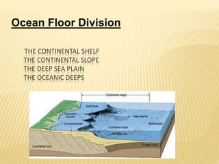 THE CONTINENTAL SHELF
THE CONTINENTAL SLOPE
THE DEEP SEA PLAIN
THE OCEANIC DEEPS
Ocean Floor Division
 