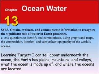Chapter
13
Ocean Water
S6E3. Obtain, evaluate, and communicate information to recognize
the significant role of water in Earth processes.
c. Ask questions to identify and communicate, using graphs and maps,
the composition, location, and subsurface topography of the world’s
oceans.
Learning Target: I can tell about underneath the
ocean, the Earth has plains, mountains, and valleys,
what the ocean is made up of, and where the oceans
are located.
 