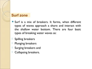  Surf is a mix of breakers. It forms, when different
types of waves approach a shore and interact with
the shallow water bottom. There are four basic
types of breaking water waves as:
 Spilling breakers
 Plunging breakers
 Surging breakers and
 Collapsing breakers.
Surf zone
 