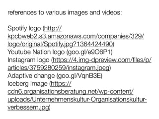 references to various images and videos:
Spotify logo (http://
kpcbweb2.s3.amazonaws.com/companies/329/
logo/original/Spotify.jpg?1364424490)
Youtube Nation logo (goo.gl/e9O6P1)
Instagram logo (https://4.img-dpreview.com/ﬁles/p/
articles/3759280259/instagram.jpeg)
Adaptive change (goo.gl/VqnB3E)
Iceberg image (https://
cdn6.organisationsberatung.net/wp-content/
uploads/Unternehmenskultur-Organisationskultur-
verbessern.jpg)
 