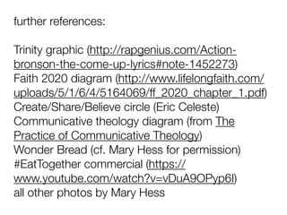 further references:
Trinity graphic (http://rapgenius.com/Action-
bronson-the-come-up-lyrics#note-1452273)
Faith 2020 diagram (http://www.lifelongfaith.com/
uploads/5/1/6/4/5164069/ff_2020_chapter_1.pdf)
Create/Share/Believe circle (Eric Celeste)
Communicative theology diagram (from The
Practice of Communicative Theology)
Wonder Bread (cf. Mary Hess for permission)
#EatTogether commercial (https://
www.youtube.com/watch?v=vDuA9OPyp6I)
all other photos by Mary Hess
 