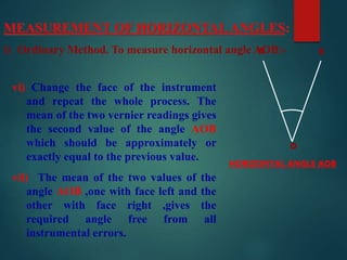MEASUREMENT OF HORIZONTAL ANGLES:
i) Ordinary Method. To measure horizontal angle AOB:-
vi) Change the face of the instrument
and repeat the whole process. The
mean of the two vernier readings gives
the second value of the angle AOB
which should be approximately or
exactly equal to the previous value.
vii) The mean of the two values of the
angle AOB ,one with face left and the
other with face right ,gives the
required angle free from all
instrumental errors.
o
A B
HORIZONTAL ANGLE AOB
 