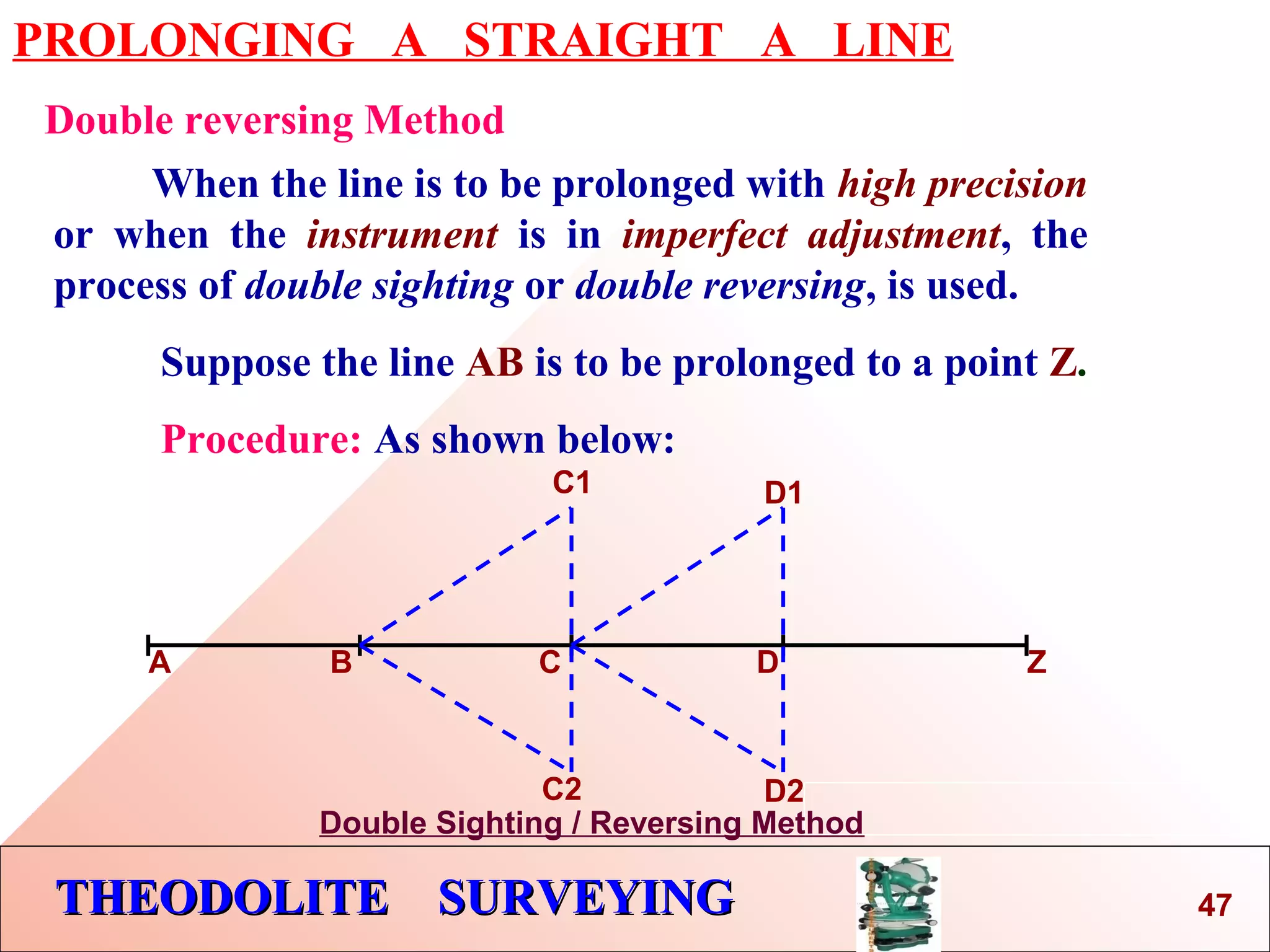 THEODOLITE SURVEYINGTHEODOLITE SURVEYING
PROLONGING A STRAIGHT A LINE
Double reversing Method
A B C D Z
When the line is to be prolonged with high precision
or when the instrument is in imperfect adjustment, the
process of double sighting or double reversing, is used.
Suppose the line AB is to be prolonged to a point Z.
Procedure: As shown below:
C1
C2
D1
D2
Double Sighting / Reversing Method
47
 