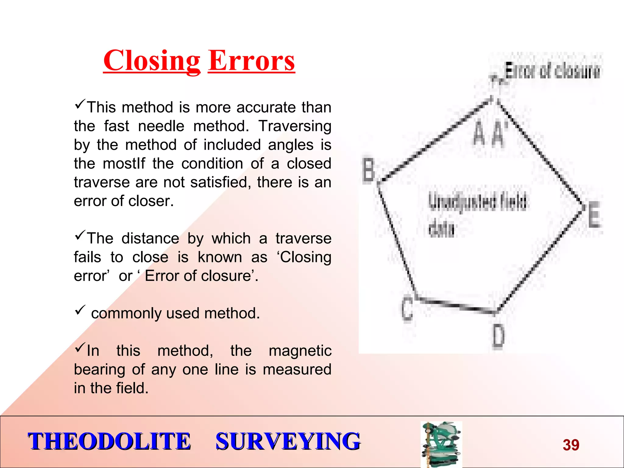 THEODOLITE SURVEYINGTHEODOLITE SURVEYING 39
This method is more accurate than
the fast needle method. Traversing
by the method of included angles is
the mostIf the condition of a closed
traverse are not satisfied, there is an
error of closer.
The distance by which a traverse
fails to close is known as ‘Closing
error’ or ‘ Error of closure’.
 commonly used method.
In this method, the magnetic
bearing of any one line is measured
in the field.
Closing Errors
 