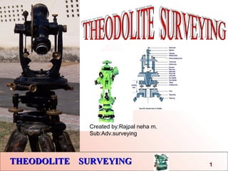 THEODOLITE SURVEYINGTHEODOLITE SURVEYING 1
Created by:Rajpal neha m.
Sub:Adv.surveying
 