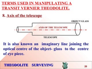 THEODOLITE SURVEYINGTHEODOLITE SURVEYING
TERMS USED IN MANIPULATING A
TRANSIT VERNIER THEODOLITE.
8. Axis of the telescope
AXIS OF THE TELESCOPE
TELESCOPE
It is also known an imaginary line joining the
optical centre of the object- glass to the centre
of eye piece.
OBJECT GLASS
.
20
 