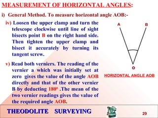 THEODOLITE SURVEYINGTHEODOLITE SURVEYING
MEASUREMENT OF HORIZONTAL ANGLES:
i) General Method. To measure horizontal angle AOB:-
iv) Loosen the upper clamp and turn the
telescope clockwise until line of sight
bisects point B on the right hand side.
Then tighten the upper clamp and
bisect it accurately by turning its
tangent screw.
v) Read both verniers. The reading of the
vernier a which was initially set at
zero gives the value of the angle AOB
directly and that of the other vernier
B by deducting 1800
.The mean of the
two vernier readings gives the value of
the required angle AOB.
o
A B
HORIZONTAL ANGLE AOB
29
 