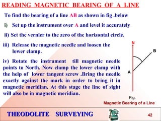 THEODOLITE SURVEYINGTHEODOLITE SURVEYING
READING MAGNETIC BEARING OF A LINE
To find the bearing of a line AB as shown in fig .below
i) Set up the instrument over A and level it accurately
ii) Set the vernier to the zero of the horizontal circle.
N
A
B
Fig.
Magnetic Bearing of a Line
iii) Release the magnetic needle and loosen the
….. lower clamp.
iv) Rotate the instrument till magnetic needle
points to North. Now clamp the lower clamp with
the help of lower tangent screw .Bring the needle
exactly against the mark in order to bring it in
magnetic meridian. At this stage the line of sight
will also be in magnetic meridian.
42
 