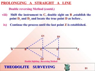 THEODOLITE SURVEYINGTHEODOLITE SURVEYING
PROLONGING A STRAIGHT A LINE
Double reversing Method (contd.)
viii) Shift the instrument to C, double sight on B ,establish the
…..point D1 and D2 and locate the true point D as before .
ix) Continue the process until the last point Z is established.
A B C D Z
C1
C2
D1
D2
Double Sighting / Reversing Method
51
 