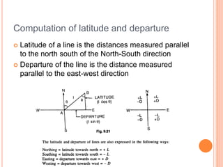 Computation of latitude and departure
 Latitude of a line is the distances measured parallel
to the north south of the North-South direction
 Departure of the line is the distance measured
parallel to the east-west direction
 