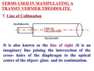 TERMS USED IN MANIPULATING A
TRANSIT VERNIER THEODOLITE.
7. Line of Collimation
LINE OF
COLLIMATION
DIAPHRAGM
TELESCOPE
It is also known as the line of sight .It is an
imaginary line joining the intersection of the
cross- hairs of the diaphragm to the optical
centre of the object- glass and its continuation.
 