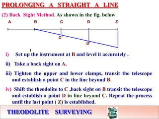THEODOLITE SURVEYING
PROLONGING A STRAIGHT A LINE
(2) Back Sight Method. As shown in the fig. below
A B C D Z
i) Set up the instrument at B and level it accurately .
ii) Take a back sight on A.
iii) Tighten the upper and lower clamps, transit the telescope
and establish a point C in the line beyond B.
iv) Shift the theodolite to C ,back sight on B transit the telescope
and establish a point D in line beyond C. Repeat the process
until the last point ( Z) is established.
C’
D’
 
