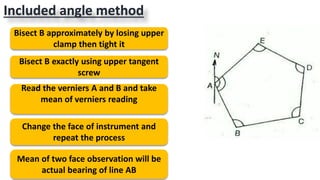 Included angle method
Bisect B approximately by losing upper
clamp then tight it
Bisect B exactly using upper tangent
screw
Read the verniers A and B and take
mean of verniers reading
Change the face of instrument and
repeat the process
Mean of two face observation will be
actual bearing of line AB
 