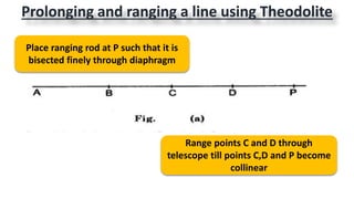 Prolonging and ranging a line using Theodolite
Place ranging rod at P such that it is
bisected finely through diaphragm
Range points C and D through
telescope till points C,D and P become
collinear
 