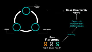 Odoo Community
Users
Experts &
independent
professionals
Odoo Partners
Odoo
Enterprise
Clients
Odoo
Odoo
Partners
Learning
Silver ReadyGold
 