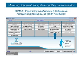«Ανάπτυξη λογισμικού για τις κλινικές μελέτες στα νοσοκομεία»
ΒΗΜΑ 5: Ψηφιοποίηση Διαδικασιών & Καθημερινή
Λειτουργία Νοσοκομείου, με χρήση Λογισμικού
ΨΗΦΙΟΠΟΙΗΣΗ
ΔΙΑΔΙΚΑΣΙΩΝ
 