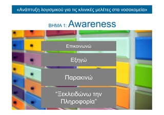 «Ανάπτυξη λογισμικού για τις κλινικές μελέτες στα νοσοκομεία»
ΒΗΜΑ 1: Awareness
Επικοινωνώ
Εξηγώ
Παρακινώ
“Ξεκλειδώνω την
Πληροφορία”
 
