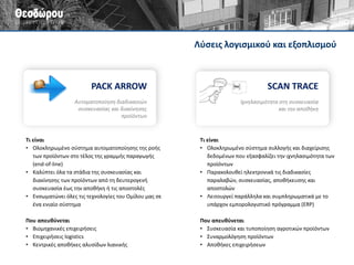 MEL SYSTEM 
ΔΕΥΤΕΡΟΓΕΝΗΣ ΣΥΣΚΕΥΑΣΙΑ 
ΤΡΙΤΟΓΕΝΗΣ ΣΥΣΚΕΥΑΣΙΑ 
ΑΠΟΘΗΚΕΥΣΗ 
Διακίνηση συσκευασιών 
ΑΠΟΣΤΟΛΗ 
Έλεγχος βάρους 
Εγκιβωτισμός 
Σήμανση και κωδικοποίηση κιβωτίων 
Ταξινόμηση (sorting) 
Παλετοποίηση 
Σήμανση και κωδικοποίηση παλετών 
Περιτύλιξη παλέτας με φιλμ 
Αυτόματη αποθήκη 
ΔΙΑΔΙΚΑΣΙΕΣ 
ΛΕΙΤΟΥΡΓΙΕΣ & ΤΕΧΝΟΛΟΓΙΕΣ 
- Έλεγχος και εποπτεία γραμμής (SCADA) - Εξαγωγή στατιστικών γραμμής (ΟΕΕ) - Παρακολούθηση παλετών  