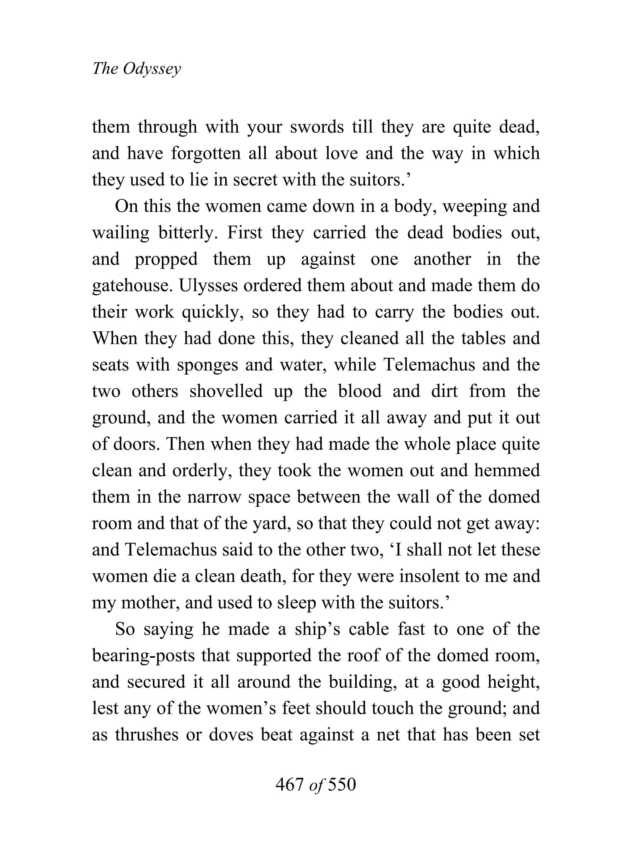 The Odyssey


them through with your swords till they are quite dead,
and have forgotten all about love and the way in which
they used to lie in secret with the suitors.’
   On this the women came down in a body, weeping and
wailing bitterly. First they carried the dead bodies out,
and propped them up against one another in the
gatehouse. Ulysses ordered them about and made them do
their work quickly, so they had to carry the bodies out.
When they had done this, they cleaned all the tables and
seats with sponges and water, while Telemachus and the
two others shovelled up the blood and dirt from the
ground, and the women carried it all away and put it out
of doors. Then when they had made the whole place quite
clean and orderly, they took the women out and hemmed
them in the narrow space between the wall of the domed
room and that of the yard, so that they could not get away:
and Telemachus said to the other two, ‘I shall not let these
women die a clean death, for they were insolent to me and
my mother, and used to sleep with the suitors.’
   So saying he made a ship’s cable fast to one of the
bearing-posts that supported the roof of the domed room,
and secured it all around the building, at a good height,
lest any of the women’s feet should touch the ground; and
as thrushes or doves beat against a net that has been set

                        467 of 550
 