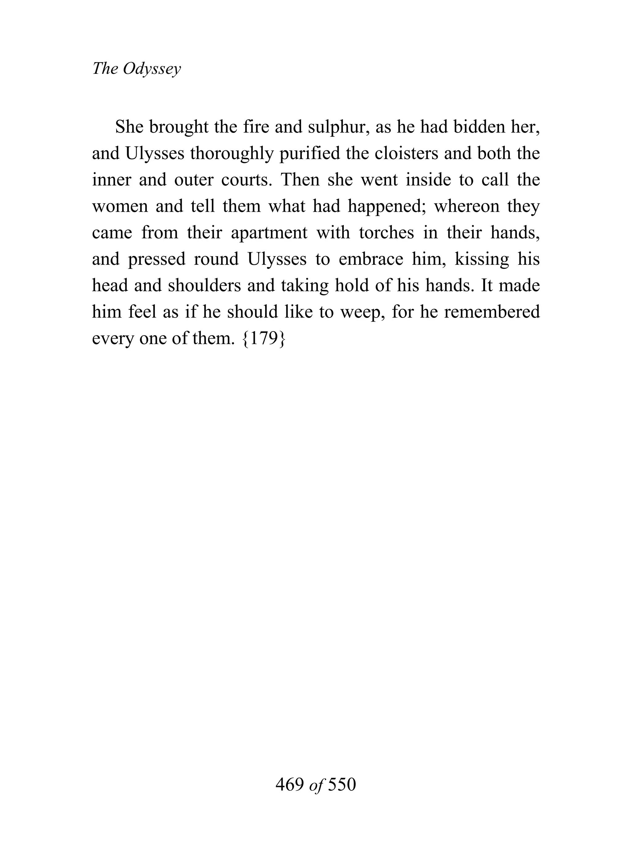The Odyssey


   She brought the fire and sulphur, as he had bidden her,
and Ulysses thoroughly purified the cloisters and both the
inner and outer courts. Then she went inside to call the
women and tell them what had happened; whereon they
came from their apartment with torches in their hands,
and pressed round Ulysses to embrace him, kissing his
head and shoulders and taking hold of his hands. It made
him feel as if he should like to weep, for he remembered
every one of them. {179}




                       469 of 550
 
