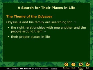 A Search for Their Places in Life The Theme of the  Odyssey Odysseus and his family are searching for  the right relationships with one another and the people around them their proper places in life 