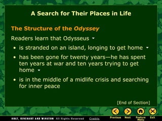 A Search for Their Places in Life [End of Section] The Structure of the  Odyssey Readers learn that Odysseus is stranded on an island, longing to get home has been gone for twenty years—he has spent ten years at war and ten years trying to get home is in the middle of a midlife crisis and searching for inner peace 