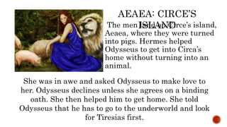The men land on Circe’s island,
Aeaea, where they were turned
into pigs. Hermes helped
Odysseus to get into Circa’s
home without turning into an
animal.
She was in awe and asked Odysseus to make love to
her. Odysseus declines unless she agrees on a binding
oath. She then helped him to get home. She told
Odysseus that he has to go to the underworld and look
for Tiresias first.
AEAEA: CIRCE’S
ISLAND
 