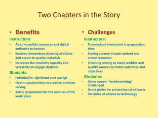 Two Chapters in the Story
• Benefits
Instructors:
• Adds incredible resources and digital
authority to courses
• Enables t...