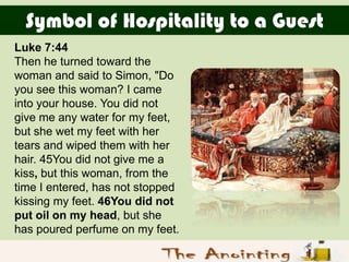 Symbol of Hospitality to a Guest
Luke 7:44
Then he turned toward the
woman and said to Simon, "Do
you see this woman? I ca...