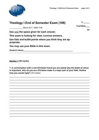 Theological Seminary Homework Examples Theol 1 final student 2012 | PDF