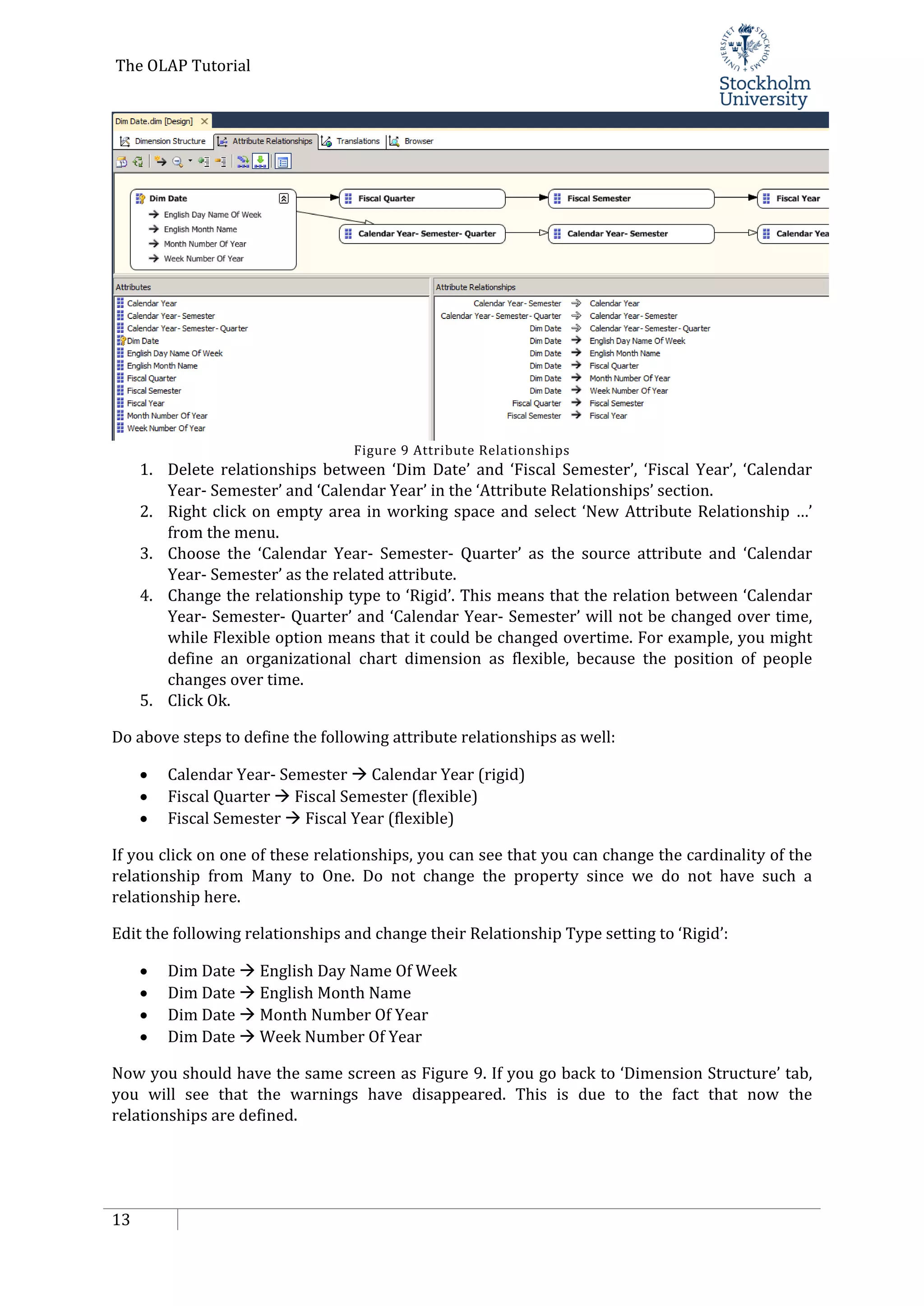 The OLAP Tutorial
13
Figure 9 Attribute Relationships
1. Delete relationships between ‘Dim Date’ and ‘Fiscal Semester’, ‘Fiscal Year’, ‘Calendar
Year- Semester’ and ‘Calendar Year’ in the ‘Attribute Relationships’ section.
2. Right click on empty area in working space and select ‘New Attribute Relationship …’
from the menu.
3. Choose the ‘Calendar Year- Semester- Quarter’ as the source attribute and ‘Calendar
Year- Semester’ as the related attribute.
4. Change the relationship type to ‘Rigid’. This means that the relation between ‘Calendar
Year- Semester- Quarter’ and ‘Calendar Year- Semester’ will not be changed over time,
while Flexible option means that it could be changed overtime. For example, you might
define an organizational chart dimension as flexible, because the position of people
changes over time.
5. Click Ok.
Do above steps to define the following attribute relationships as well:
• Calendar Year- Semester  Calendar Year (rigid)
• Fiscal Quarter  Fiscal Semester (flexible)
• Fiscal Semester  Fiscal Year (flexible)
If you click on one of these relationships, you can see that you can change the cardinality of the
relationship from Many to One. Do not change the property since we do not have such a
relationship here.
Edit the following relationships and change their Relationship Type setting to ‘Rigid’:
• Dim Date  English Day Name Of Week
• Dim Date  English Month Name
• Dim Date  Month Number Of Year
• Dim Date  Week Number Of Year
Now you should have the same screen as Figure 9. If you go back to ‘Dimension Structure’ tab,
you will see that the warnings have disappeared. This is due to the fact that now the
relationships are defined.
 