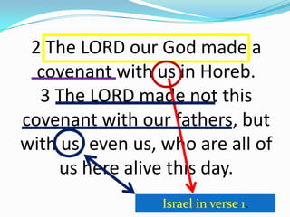 2 The LORD our God made a
covenant with us in Horeb.
3 The LORD made not this
covenant with our fathers, but
with us, even us, who are all of
us here alive this day.
Israel in verse 1.
 