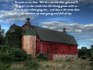 It came to me then. We're a lot like that, you and I.Only it's on the inside that the beauty grows with us.Sure we turn silver gray too... and lean a bit more thanwe did when we were young and full of sap.