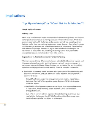 Implications
“Up, Up and Away!” or “I Can’t Get No Satisfaction”?
Work and Retirement
Retiring Early
More than half of retired oldest Boomers retired earlier than planned and few did
so for positive reasons such as having adequate retirement resources. Thirty-two
percent reported health challenges and a quarter said job loss was a key driver.
Retiring earlier than planned may leave many oldest Boomers short when it comes
to their savings, pensions and other income sources in retirement. These findings
may well cause younger Boomers to adjust their own financial strategies for
retirement to account for the possibility of retiring earlier than planned for
unexpected reasons over which they have little control.
Expectations vs. Reality: Income and Standard of Living
There are some striking differences between retired oldest Boomers’ reports and
the expectations of currently working Boomers when it comes to changes in
retirement standard of living. These findings can be helpful for working oldest
Boomers as they update and create realistic financial plans for retirement:
• While 33% of working oldest Boomers anticipate their standard of living will
decline in retirement, just 20% of retired oldest Boomers actually report a
decline. Of these:
— Only 35% of retirees said not enough retirement income was a factor,
but more than half of the working oldest Boomers (58%) cite this as a
projected reason.
— While 42% of retirees say unexpected or higher than expected expenses
is a key cause, fewer working oldest Boomers (38%) cite this as an
anticipated reason.
— Just 12% of current retirees reported depleted savings as an issue, but
nearly twice that proportion (22%) of working oldest Boomers project
depleted savings to be a problem in retirement.

28

 