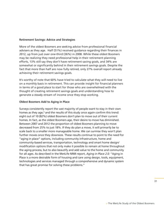 Retirement Savings: Advice and Strategies
More of the oldest Boomers are seeking advice from professional financial
advisers as they age. Half (51%) received guidance regarding their finances in
2012, up from just over one-third (36%) in 2008. While these oldest Boomers
may be realizing they need professional help in their retirement planning
efforts, 13% still say they don’t have retirement saving goals, and 34% are
somewhat or significantly behind in their retirement savings goals. Despite the
fact that more than half are now fully retired, only 27% overall report already
achieving their retirement savings goals.
It’s worthy of note that 60% have tried to calculate what they will need to live
on a monthly basis in retirement. This can provide insight for financial planners
in terms of a good place to start for those who are overwhelmed with the
thought of creating retirement savings goals and understanding how to
generate a steady stream of income once they stop working.
Oldest Boomers Add to Aging in Place
Surveys consistently report the vast majority of people want to stay in their own
homes as they age,6 and the results of this study once again confirm this trend:
eight out of 10 (82%) oldest Boomers don’t plan to move out of their current
homes. In fact, as the oldest Boomers age, their desire to move has diminished.
Between 2007 and 2012 the proportion of oldest Boomers planning to move
decreased from 25% to just 18%. If they do plan a move, it will primarily be to
scale back to a smaller more manageable home. We can surmise they won’t plan
further moves once they downsize. These results continue to point to the need for
“aging in place” options, including community infrastructure, home and
community-based services, transportation, technology and smart home design/
modification options that not only make it possible to remain at home throughout
the aging process, but to also beautify and add value to the home and community
for all ages. As described in the MetLife MMI report, Aging in Place 2.0: “Aging in
Place is a more desirable form of housing and care using design, tools, equipment,
technologies and services managed through a comprehensive and dynamic system
that has great promise for solving these problems.”

31

> The MetLife Study of the Oldest Boomers

 