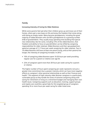 Implications

Family
Increasing Intensity of Caring for Older Relatives
While some parents feel sad when their children grow up and move out of their
homes, others get a new lease on life and enjoy the freedom that comes along
with being an empty nester. Many become grandparents, including the great
majority of oldest Boomers who are 85% grandparents to a growing number
(4.8) of grandchildren. They usually enjoy spending time building that special
new relationship. But for some, including 13% of the oldest Boomers, that
freedom and ability to focus on grandchildren can be stifled by caregiving
responsibilities for older relatives. Oldest Boomers and their spouses/partners
spend an average of 11.7 hours per week caregiving for older relatives. Two in
10 oldest Boomers still have at least one parent living, and as their parents live
longer, the intensity of caregiving increases. In 2012:
• 10% of caregiving oldest Boomers spent 16-20 hours per week providing
regular care for a parent or relative over age 65.
• 23% of caregivers spent more than 20 hours per week caring for a parent
or relative.
The higher number of hours spent caregiving per week represents not just a
greater time commitment but a greater intensity which can have more negative
effects on caregivers’ other personal relationships as well as their finances and
health.7 This segment of high intensity older Boomer caregivers is a particularly
vulnerable group as they handle the stress of extreme caregiving along with
saving for retirement or living on a retirement budget and managing their own
health issues. Caregiving supports such as education, training, support groups
and respite care could be a great help for this targeted group of caregivers
spending 16 or more hours per week caring for older loved ones.

32

 