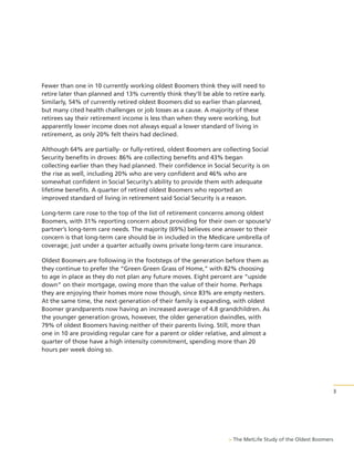 Fewer than one in 10 currently working oldest Boomers think they will need to
retire later than planned and 13% currently think they’ll be able to retire early.
Similarly, 54% of currently retired oldest Boomers did so earlier than planned,
but many cited health challenges or job losses as a cause. A majority of these
retirees say their retirement income is less than when they were working, but
apparently lower income does not always equal a lower standard of living in
retirement, as only 20% felt theirs had declined.
Although 64% are partially- or fully-retired, oldest Boomers are collecting Social
Security benefits in droves: 86% are collecting benefits and 43% began
collecting earlier than they had planned. Their confidence in Social Security is on
the rise as well, including 20% who are very confident and 46% who are
somewhat confident in Social Security’s ability to provide them with adequate
lifetime benefits. A quarter of retired oldest Boomers who reported an
improved standard of living in retirement said Social Security is a reason.
Long-term care rose to the top of the list of retirement concerns among oldest
Boomers, with 31% reporting concern about providing for their own or spouse’s/
partner’s long-term care needs. The majority (69%) believes one answer to their
concern is that long-term care should be in included in the Medicare umbrella of
coverage; just under a quarter actually owns private long-term care insurance.
Oldest Boomers are following in the footsteps of the generation before them as
they continue to prefer the “Green Green Grass of Home,” with 82% choosing
to age in place as they do not plan any future moves. Eight percent are “upside
down” on their mortgage, owing more than the value of their home. Perhaps
they are enjoying their homes more now though, since 83% are empty nesters.
At the same time, the next generation of their family is expanding, with oldest
Boomer grandparents now having an increased average of 4.8 grandchildren. As
the younger generation grows, however, the older generation dwindles, with
79% of oldest Boomers having neither of their parents living. Still, more than
one in 10 are providing regular care for a parent or older relative, and almost a
quarter of those have a high intensity commitment, spending more than 20
hours per week doing so.

3

> The MetLife Study of the Oldest Boomers

 