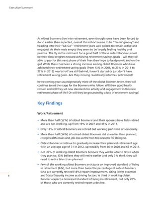 Executive Summary

As oldest Boomers dive into retirement, even though some have been forced to
do so earlier than expected, overall this cohort seems to be “feelin’ groovy” and
heading into their “Go-Go”1 retirement years well poised to remain active and
engaged. As their nests empty they seem to be largely feeling healthy and
positive. The fly in the ointment for a good half of these oldest Boomers could
be their slow progress toward achieving retirement savings goals – will they be
able to pay for this next phase of their lives they hope to be dynamic and on the
go? While there has been a strong increase among oldest Boomers who have
achieved their retirement saving goals (from 13% in 2008, to 23% in 2011 to
27% in 2012) nearly half are still behind, haven’t started or just don’t have
retirement saving goals. Are they moving realistically into their retirement?
In the coming years as progressively more of the oldest Boomers retire, they will
continue to set the stage for the Boomers who follow. Will their good health
remain and will they set new standards for activity and engagement in this new
retirement phase of life? Or will they be grounded by a lack of retirement savings?

Key Findings
Work/Retirement
• More than half (52%) of oldest Boomers (and their spouses) have fully retired
and are not working, up from 19% in 2007 and 45% in 2011.
• Only 12% of oldest Boomers are retired but working part-time or seasonally.
• More than half (54%) of retired oldest Boomers did so earlier than planned,
citing health issues and job-loss as the two top reasons for doing so.
• Oldest Boomers continue to gradually increase their planned retirement age
with an average age of 71 in 2012, up steadily from 66 in 2008 and 69 in 2011.
• Just 39% of working oldest Boomers believes they will be able to retire when
they plan to; 13% believe they will retire earlier and only 7% think they will
need to retire later than planned.

4

• Few of the working oldest Boomers anticipate an improved standard of living
in retirement (6%), but more than twice the percentage of oldest Boomers
who are currently retired (18%) report improvement, citing lower expenses
and Social Security income as driving factors. A third of working oldest
Boomers expect a decreased standard of living in retirement, but only 20%
of those who are currently retired report a decline.

 