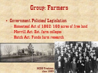 Group: Farmers
• Government Policies/ Legislation
– Homestead Act of 1862: 160 acres of free land
– Morrill Act: Est. farm colleges
– Hatch Act: Funds farm research
NCSU Freshman
class 1889
 