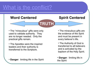 What is the conflict?
Word Centered Spirit Centered
• The miraculous gifts are
the evidence of the Spirit
and must be present in
every believer’s life.
• Danger: limiting life in the Spirit
• The Apostles were the inspired
leaders and their authority is
transferred to the Scripture.
• Danger: limiting life in
the Spirit
• The Authority of God is
transferred to all believers
and is activated by the
baptism of the Holy Spirit.
TRUTH
• The “miraculous” gifts were only
used to validate authority. They
are no longer needed. Only the
practical gifts remain.
 