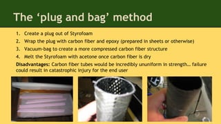 The ‘plug and bag’ method
1. Create a plug out of Styrofoam
2. Wrap the plug with carbon fiber and epoxy (prepared in sheets or otherwise)
3. Vacuum-bag to create a more compressed carbon fiber structure
4. Melt the Styrofoam with acetone once carbon fiber is dry
Disadvantages: Carbon fiber tubes would be incredibly ununiform in strength… failure
could result in catastrophic injury for the end user
 