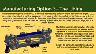 Manufacturing Option 3—The Uhing
With the help of my peers and the CEO of a bicycle manufacturing company known as Slipstream Bicycle, LLC,
we considered constructing a uhing apparatus, which uses small devices called uhings that move up and down
a shaft at a constant rate as it rotates. By threading carbon fiber strands through a plate mounted on top of a
uhing as is goes up and down the shaft, we can wrap a plastic mold with the carbon fiber at an angle, and in a
uniform manner.
Carbon
Fiber
Spools
Uhing
Devices
Plastic
Mold
Small
GearmotorsRubber Belt Oak Ridge National Laboratory has offered to
allow our team to utilize their state of the art
3D printers to print plastic molds of our pieces.
Once the components are wrapped with carbon
fiber, they will be sent back to Oak Ridge and
baked in an over to cure the impregnated
carbon fiber and melt out the plastic mold.
Finally, the parts will be sent to Rhoadescar’s
mill to be cut in the appropriate shapes and
dimensions.
 
