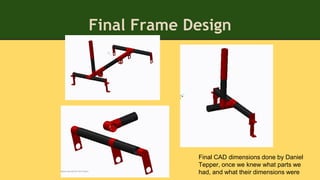 Final Frame Design
Final CAD dimensions done by Daniel
Tepper, once we knew what parts we
had, and what their dimensions were
 