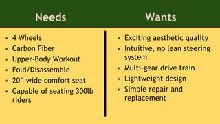 Needs Wants
• Exciting aesthetic quality
• Intuitive, no lean steering
system
• Multi-gear drive train
• Lightweight design
• Simple repair and
replacement
• 4 Wheels
• Carbon Fiber
• Upper-Body Workout
• Fold/Disassemble
• 20” wide comfort seat
• Capable of seating 300lb
riders
 