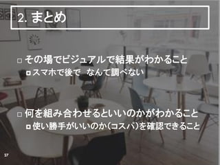  その場でビジュアルで結果がわかること
 スマホで後で なんて調べない
 何を組み合わせるといいのかがわかること
 使い勝手がいいのか（コスパ）を確認できること
2. まとめ
27
 