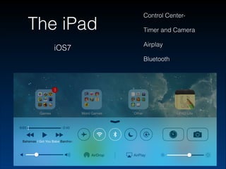 The iPad
iOS7

Control CenterTimer and Camera
Airplay
Bluetooth

 